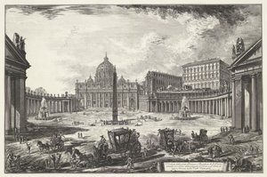 Petersplatz mit dem Petersdom in der Vatikanstadt Veduta della gran Piazza e Basilica di S. Pietro (...) (Titel auf dem Objekt) Gesichter von Rom (Serientitel) Vedute di Roma disegnate ed incise da Giambattista Piranesi architetto Veneziano (Serientitel) von Giovanni Battista Piranesi
