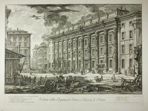 Ansicht des Zollhauses auf der Piazza di Pietra, das innerhalb der Ruinen des Tempels von Marcus Aurelius Antoninus Pius in seinem Forum erbaut wurde, aus Ansichten von Rom