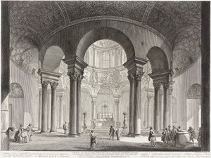 Blick in das Innere des Grabmals der Santa Costanza, das von Konstantin dem Großen erbaut und irrtümlich als Bacchustempel bezeichnet wurde, heute die Kirche Santa Costanza. von Giovanni Battista Piranesi