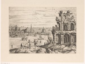 Stadtansicht mit Ruinen und Fantasie-Architektur am Wasser von Giovanni Battista Pittoni (I)