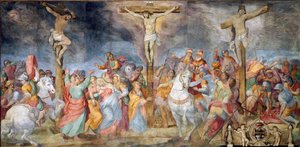 Die Kreuzigung Inri (I.N.R.I.) Inschrift am Kreuz. Darstellung des guten Diebes (auch Heiliger Dismas) und des schlechten Diebes (Gesmas), zwei Diebe, die mit Jesus Christus gekreuzigt wurden (Fresko von Giovanni B)