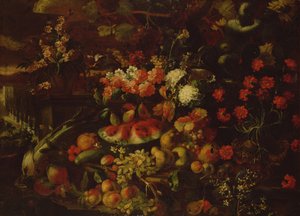 Stillleben mit Obst, Gemüse und Blumen