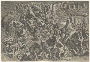 Seeschlacht zwischen Trojanern und Griechen von Giovanni Battista Scultori