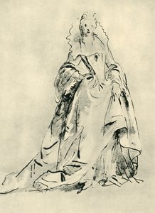 Eine Dame in einem Kleid mit hohem Kragen und spitzem Mieder, frühes 18. Jahrhundert, 1943