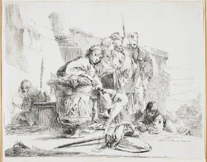 Junger Mann sitzt, lehnt an einer Urne, Platte aus Vari Capricci, 1740er Jahre