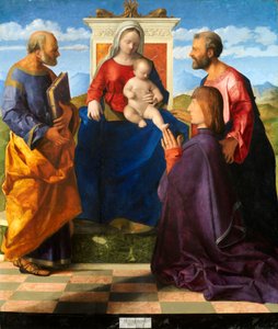 Madonna und Kind auf dem Thron mit den Heiligen Petrus und Paulus und einem Stifter, 1505 von Giovanni Bellini
