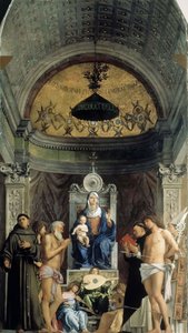 Madonna mit Kind, musizierende Engel und die Heiligen Franziskus, Johannes der Täufer, Hiob, Dominikus..., ca. 1487 von Giovanni Bellini