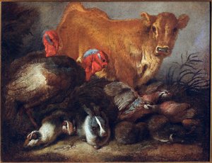 Studie von Tieren: Kuh, Truthahn, Kaninchen. Gemälde von Giovanni Benedetto Castiglione genannt Il Grechetto (1610-1665) von Giovanni Benedetto Castiglione