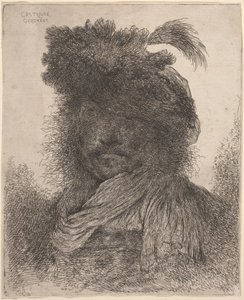 Bärtiger Mann mit schattiertem Gesicht, der einen Schal und einen Federhut trägt von Giovanni Benedetto Castiglione
