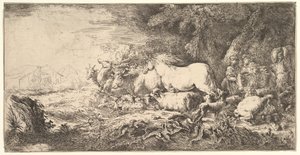 Einzug der Tiere in die Arche Noah, drei Männer folgen Vierbeinern und Vögeln, ca. 1650-55 von Giovanni Benedetto Castiglione