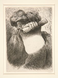 Figur, die eine große Banderole hält, aus der Serie Kleine Studien von Köpfen