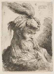 Kopf eines bärtigen Mannes mit Turban nach rechts, aus der Serie Kleine Köpfe..., ca. 1645-1650 von Giovanni Benedetto Castiglione