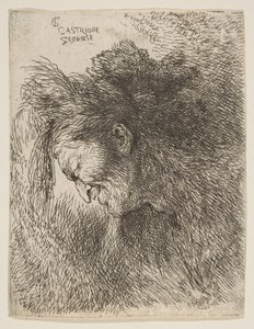 Kopf eines alten Mannes, der nach unten schaut, nach links gewandt, aus der Serie der kleinen Köpfe, ca. 1645-1650