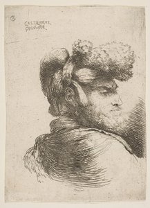 Mann im Profil nach rechts, mit Pelzmütze, aus der Serie der kleinen Köpfe, ca. 1645-1650 von Giovanni Benedetto Castiglione
