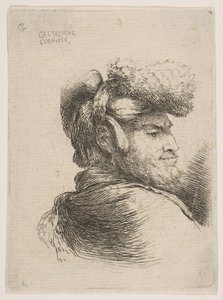 Mann im Profil nach rechts, mit Pelzmütze, aus der Serie der kleinen Köpfe im Orient von Giovanni Benedetto Castiglione