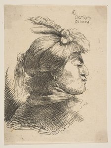 Mann mit kleinem Turban, verziert mit Federn und Band, nach rechts gewandt, aus..., ca. 1645-1650 von Giovanni Benedetto Castiglione
