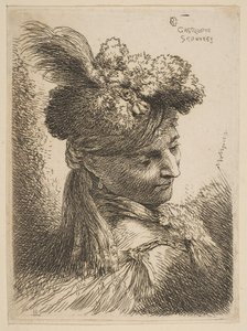 Junger Mann, der drei Viertel nach rechts schaut und einen Pelzhut mit Feder, Juwel trägt..., ca. 1645-50 von Giovanni Benedetto Castiglione