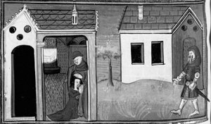 Dekameron, Arimino hört das Geständnis seiner Frau; der Mann hält Wache an der Tür des Hauses. Siebter Tag, Novelle 5