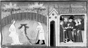 Dekameron, Cimon beobachtet Iphigenie; eine Doppelhochzeit wird gefeiert. Fünfter Tag, Novelle 1.