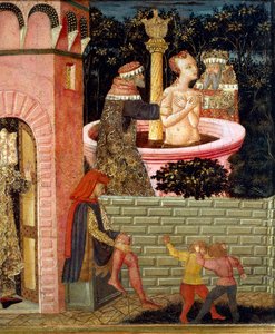 Geschichten von Susanne, um 1450, Vorderseite einer bemalten Truhe (Detail)