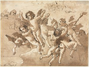 Amor in den Wolken mit begleitenden Cherubinen von Giovanni Domenico Tiepolo