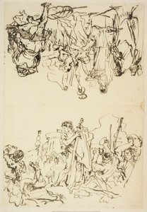 Gefaltetes Blatt mit "Das Martyrium des heiligen Stephanus und Agrippina landet in Brindisi mit der Asche des Germanicus"