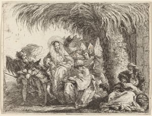 Joseph kniet mit dem Kind vor Maria auf dem Esel
