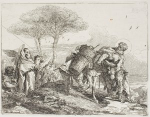 Maria, von zwei Engeln unterstützt, folgt Joseph mit dem Esel, Platte 25 aus Die Flucht nach Ägypten von Giovanni Domenico Tiepolo
