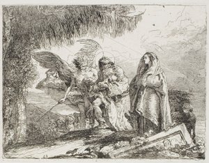 Maria und Joseph, das Kind haltend, werden von einem Engel begleitet, Tafel zwölf aus Die Flucht nach Ägypten