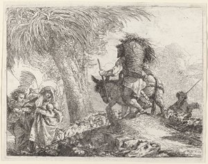 Die Flucht, Joseph rechts und Maria und Engel links von Giovanni Domenico Tiepolo