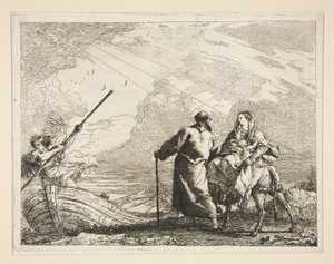 Die Heilige Familie erreicht das Ufer eines Flusses, aus der Serie Pittoreske Ideen über die Flucht nach Ägypten von Giovanni Domenico Tiepolo