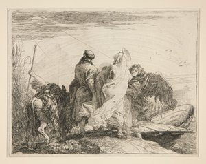 Die Heilige Familie verlässt das Ufer des Flusses, aus der Serie Idee pittoresche sopra la fuga in Egitto von Giovanni Domenico Tiepolo