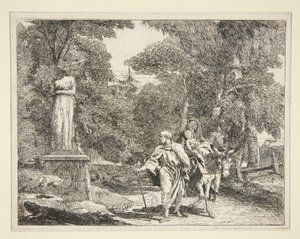 Die Heilige Familie passiert eine Statue, aus der Serie Idee pittoresche sopra la fuga in Egitto (Flucht nach Ägypten) von Giovanni Domenico Tiepolo