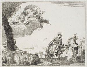 Die Heilige Familie geht entlang einer Stadtmauer. Links ein Hirte mit seiner Herde und Gott der Vater, Platte acht aus Die Flucht nach Ägypten von Giovanni Domenico Tiepolo