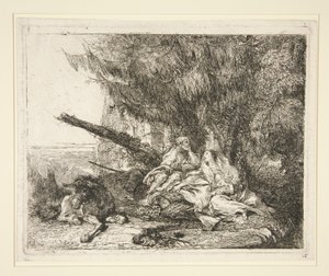 Die Rast auf der Flucht nach Ägypten, aus der Serie Idee pittoresche sopra la fuga in Egitto (Flucht nach Ägypten) von Giovanni Domenico Tiepolo