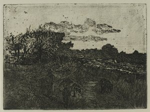Landschaft bei Sonnenuntergang mit Schweinehirten