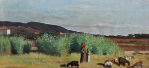 Zwei Bäuerinnen mit Herden in der Landschaft von Livorno, ca. 1865
