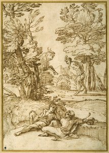 Landschaft mit zwei Hirtenjungen, die sich ausruhen, während ein Satyr und eine Ziege tanzen