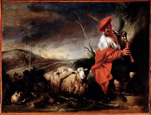 Hirte spielt Dudelsack mit seinen Schafen von Giovanni Francesco Castiglione