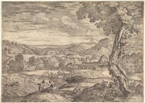 Landschaft mit einer Ziegelei im Mittelgrund, ein stehender Mann im Vordergrund, 1626-80 von Giovanni Francesco Grimaldi