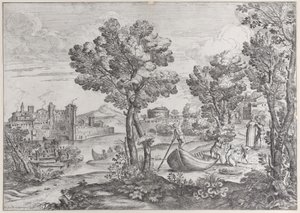 Landschaft mit einem Mann, der eine Schlange zu einem verängstigten Kind hält, beobachtet von einer modisch gekleideten Person, 1626-80