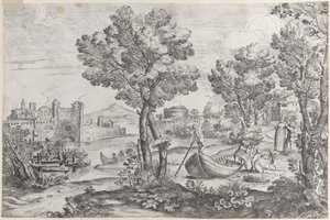Landschaft mit einem Mann, der eine Schlange zu einem verängstigten Kind hält, beobachtet von einer modisch gekleideten Dame, 1626-80