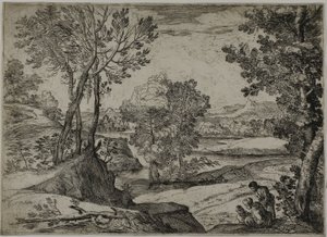 Frau, ihr Kind und ein stehender Mann in einer Landschaft von Giovanni Francesco Grimaldi