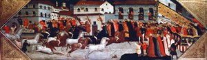 Palio-Pferderennen in den Straßen von Florenz, Gemälde von Giovanni di Francesco Toscani (ca. 1370-1430), Detail des Panels aus der Cassone (Truhe), Italien von Giovanni Francesco Toscani