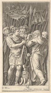 Soldaten, einer frontal gezeigt und ein Schwert haltend, rechts ein Soldat mit seinem Rü..., ca. 1650-1700