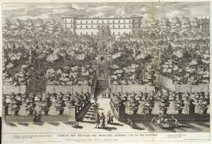Veduta des Palastes vom Gartenebene mit seinen Brunnen, aus La Fontane, veröffentlicht ca. 1691