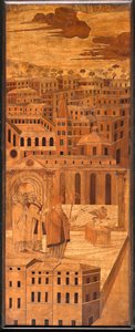 Genua, Duomo (St. Laurentius-Kathedrale), innen, Apsis, Chor, Nordseite: "Hl. Syrus vertreibt den Basilisken", Holzeinlegearbeit von Anselmo De
