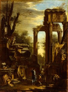 Capriccio von klassischen Ruinen und Statuen mit Figuren im Gespräch von Giovanni Ghisolfi