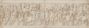 Ein sarmatisches Dorf wird unter den Augen des Kaisers zerstört; Barbaren schauen von einem Stand aus zu; Marcus Aurelius empfängt einen berittenen deutschen Boten von Giovanni Guerra