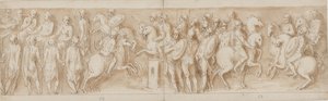 Sarmaten vor dem kaiserlichen Rat (Ende von LXII, Anfang von LXIII); umgeben von Wachen beobachten Marcus Aurelius und Pompeius zu Pferd ein Gefecht (XC); deutsche Adlige bringen eine Nachricht (bis zur Mitte von XCI)